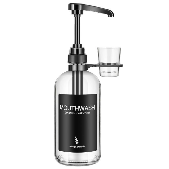 CLEAR GLASS MOUTHWASH DISPENSER WITH BLACK CUP HOLDER AND PUMP 16 OZ RUSTIC BOHO MOUTHWASH DISPENSER FOR BATHROOM FARMHOUSE DECOR 1 PACK