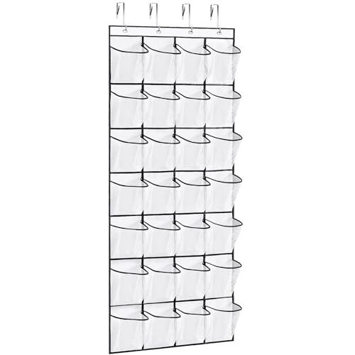 VOPTON 28Large Pockets Over The Door Shoe Organizer Hanging Shoe Organizer for Closet Premium Clear Shoe Rack for Door Shoes Hanger Organizers Storage Holder for Back of Door and 4Metal Hook White