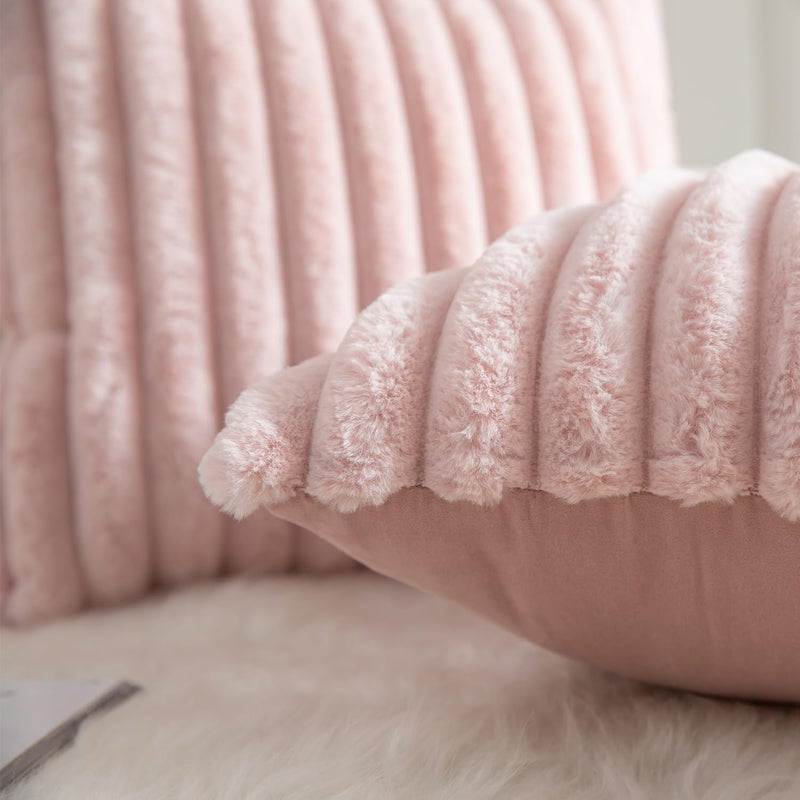 MANDIOO Pack of 2 Decorative Throw Pillow Covers Faux Fur Striped Plush Soft Cushion Covers Pillow Cases Bedroom Living Room Sofa Home 12x20 Inch Pink - Image 3