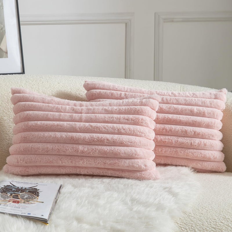 MANDIOO Pack of 2 Decorative Throw Pillow Covers Faux Fur Striped Plush Soft Cushion Covers Pillow Cases Bedroom Living Room Sofa Home 12x20 Inch Pink - Image 1