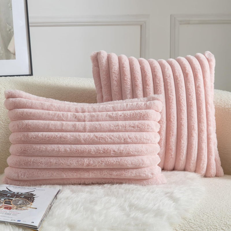 MANDIOO Pack of 2 Decorative Throw Pillow Covers Faux Fur Striped Plush Soft Cushion Covers Pillow Cases Bedroom Living Room Sofa Home 12x20 Inch Pink - Image 4
