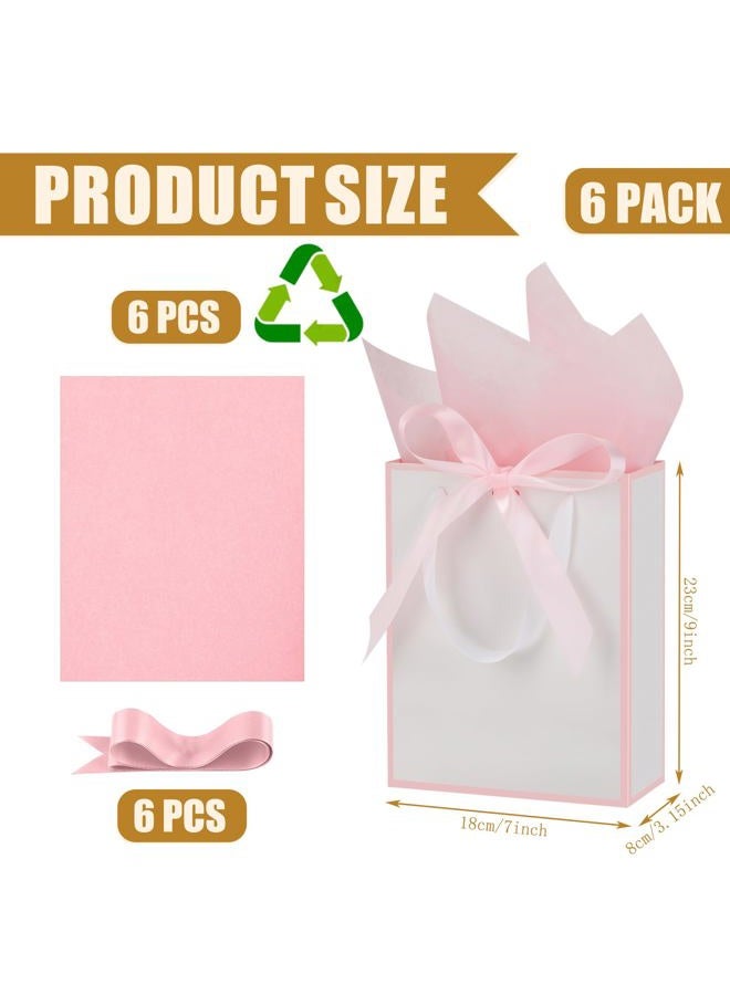 OEMVALATY 6 Pcs Thank You Gift Bags with Handles and Tissue Paper 9 x 7 x 3. 15'' Elegant Welcome Gift Bags with Bow Ribbon for Wedding Bridesmaid Baby Shower Housewarming Birthday Party(White, Pink) - Image 2