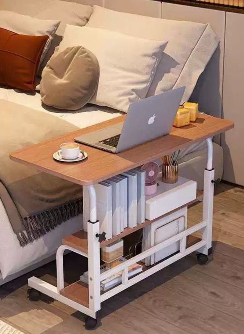 شي ون طاولة لابتوب متحركة من SHEE ONE بسطح خشبي ورفوف سفلية للتخزين | طاولة بجانب السرير أو الكنب | طاولة متعددة الاستخدامات للدراسة والطعام والقراءة بارتفاع قابل للتعديل | مزودة بعجلات متينة | الأبعاد: 85×60 سم و40×60 سم - Image 1
