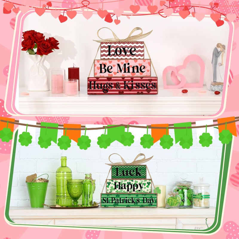 Sealmic Valentine's Day Decoration Reversible Valentine St. Patrick's Day Table Decoration Wooden Table Centerpieces Rustic Valentine Tabletop Sign Bundle Double Side Irish Tiered Tray Decor for Home Office Decor - Image 4