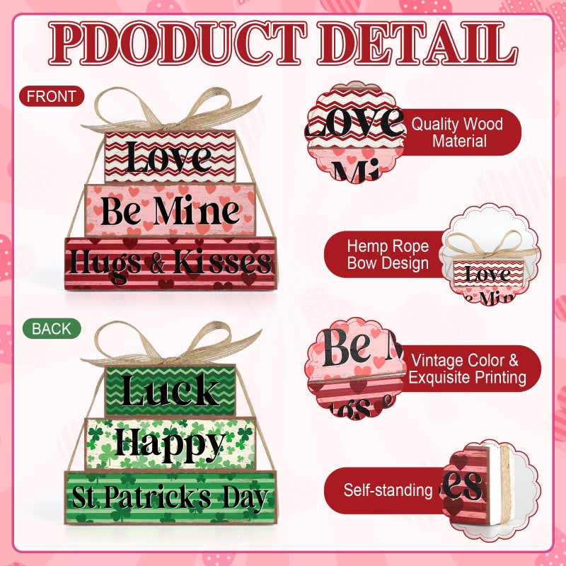 Sealmic Valentine's Day Decoration Reversible Valentine St. Patrick's Day Table Decoration Wooden Table Centerpieces Rustic Valentine Tabletop Sign Bundle Double Side Irish Tiered Tray Decor for Home Office Decor - Image 3