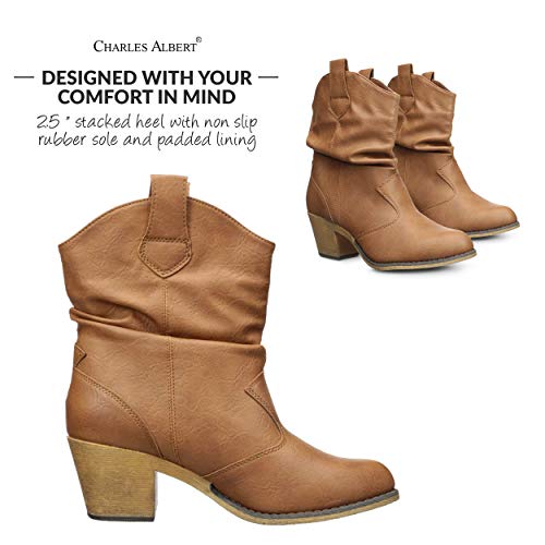 Charles Albert Modern Western Cowboy Boots for Women Ladies Stacked Heel Ankle Cowgirl Boots with Pull-Up Tabs in Cognac Size 8 - Image 2