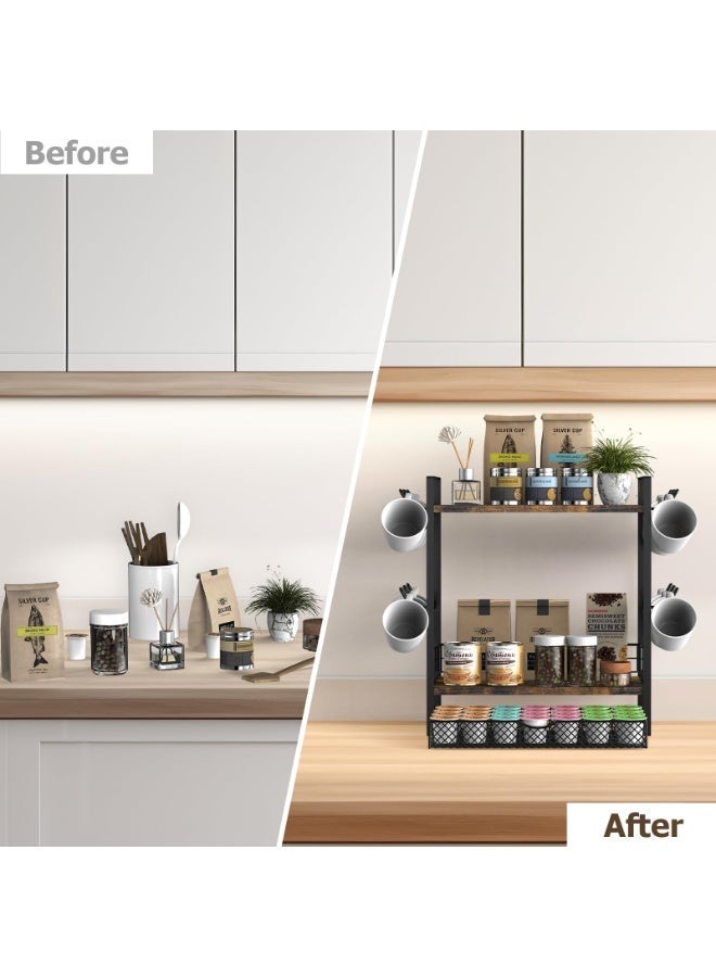 XICEN Coffee Corner Storage Holder with Capsule Drawer, 2-Tier Storage Rack Organizer with 12 Mug Hooks, Multi-Functional Storage Rack for Kitchen, Home, and Office Use - Image 5