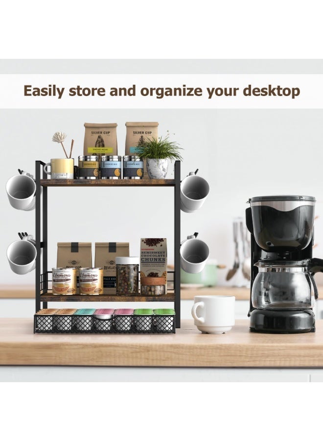 XICEN Coffee Corner Storage Holder with Capsule Drawer, 2-Tier Storage Rack Organizer with 12 Mug Hooks, Multi-Functional Storage Rack for Kitchen, Home, and Office Use - Image 4