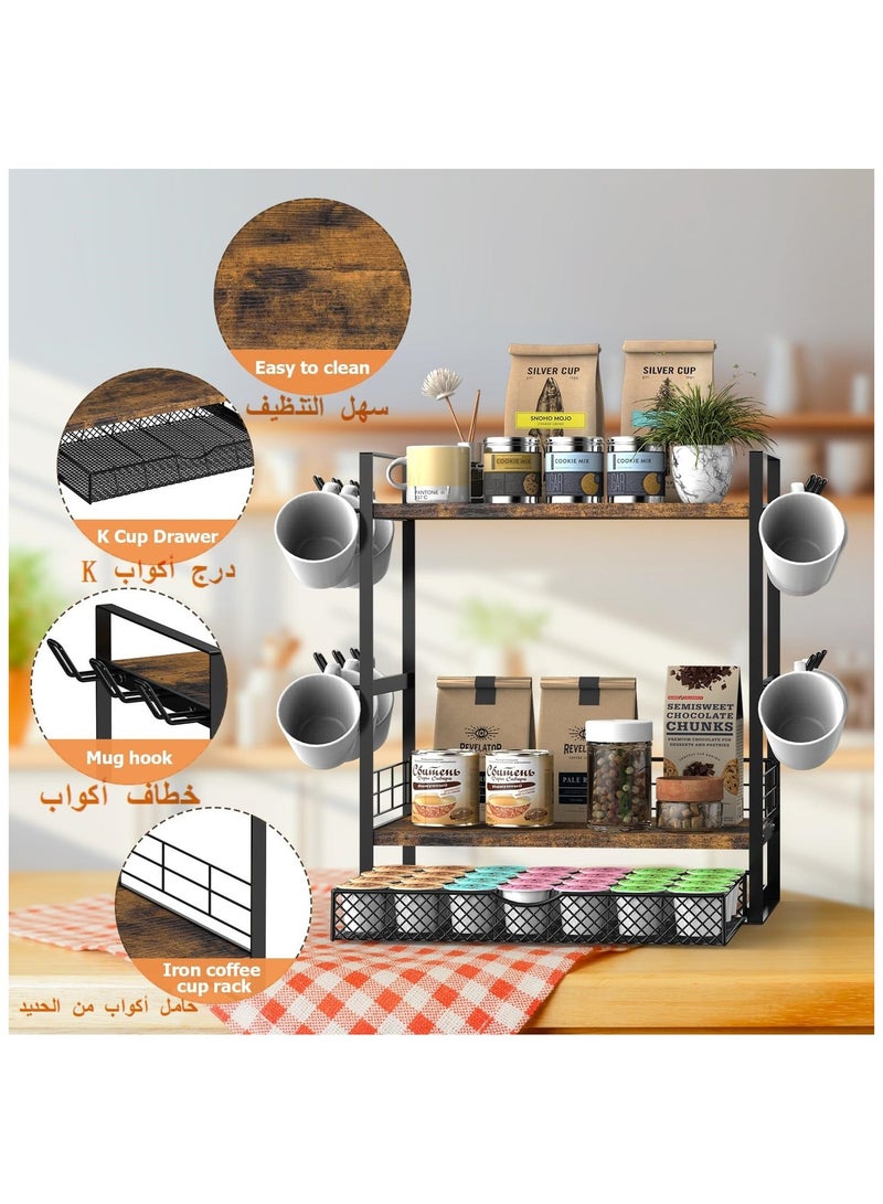 XICEN Coffee Corner Storage Holder with Capsule Drawer, 2-Tier Storage Rack Organizer with 12 Mug Hooks, Multi-Functional Storage Rack for Kitchen, Home, and Office Use - Image 2