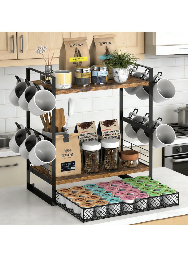 XICEN Coffee Corner Storage Holder with Capsule Drawer, 2-Tier Storage Rack Organizer with 12 Mug Hooks, Multi-Functional Storage Rack for Kitchen, Home, and Office Use - Image 1