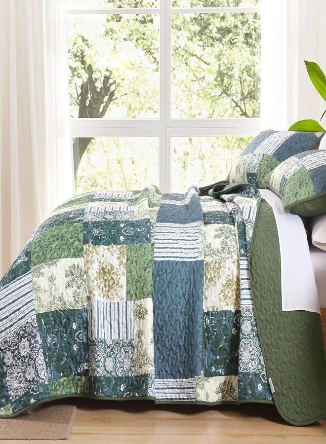 Drucon Boho Quilt Set King Size, 3 Pieces Patchwork Blue Green All Season Bedspreads, Ultra Soft Floral Coverlet Bedding Set with Printed Pattern (1 Quilt, 2 Pillow Shams) - Image 3