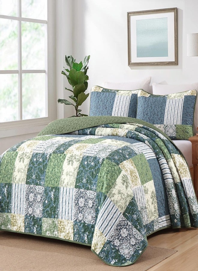 Drucon Boho Quilt Set King Size, 3 Pieces Patchwork Blue Green All Season Bedspreads, Ultra Soft Floral Coverlet Bedding Set with Printed Pattern (1 Quilt, 2 Pillow Shams) - Image 2