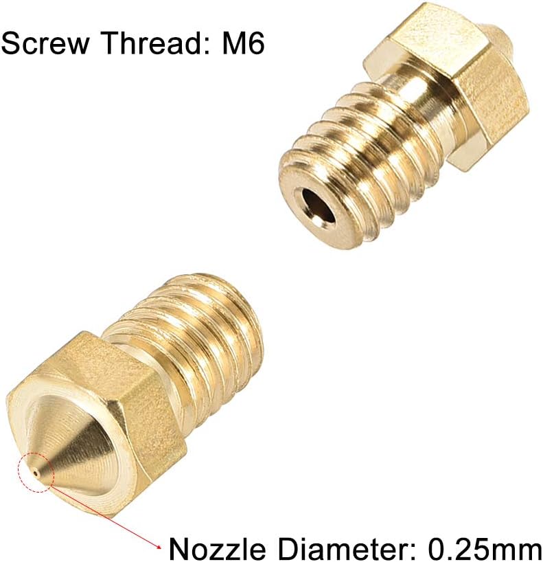 uxcell 2pcs 3D Printer Nozzle,Brass V6 Nozzle 0.25mm,Extruder Print Head for Filament 1.75mm V5-V6 M6 3D Printer - Image 1