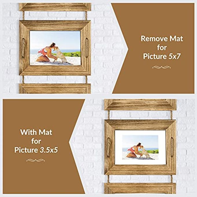 DLQuarts 5x7 Hanging Picture Frames Collage Wall Decor, 4-Opening 5x7 Matted to 3.5x5 Photo Rustic Wood Frame with Hemp Rope, 1 Pack, Carbonized Brown - Image 3
