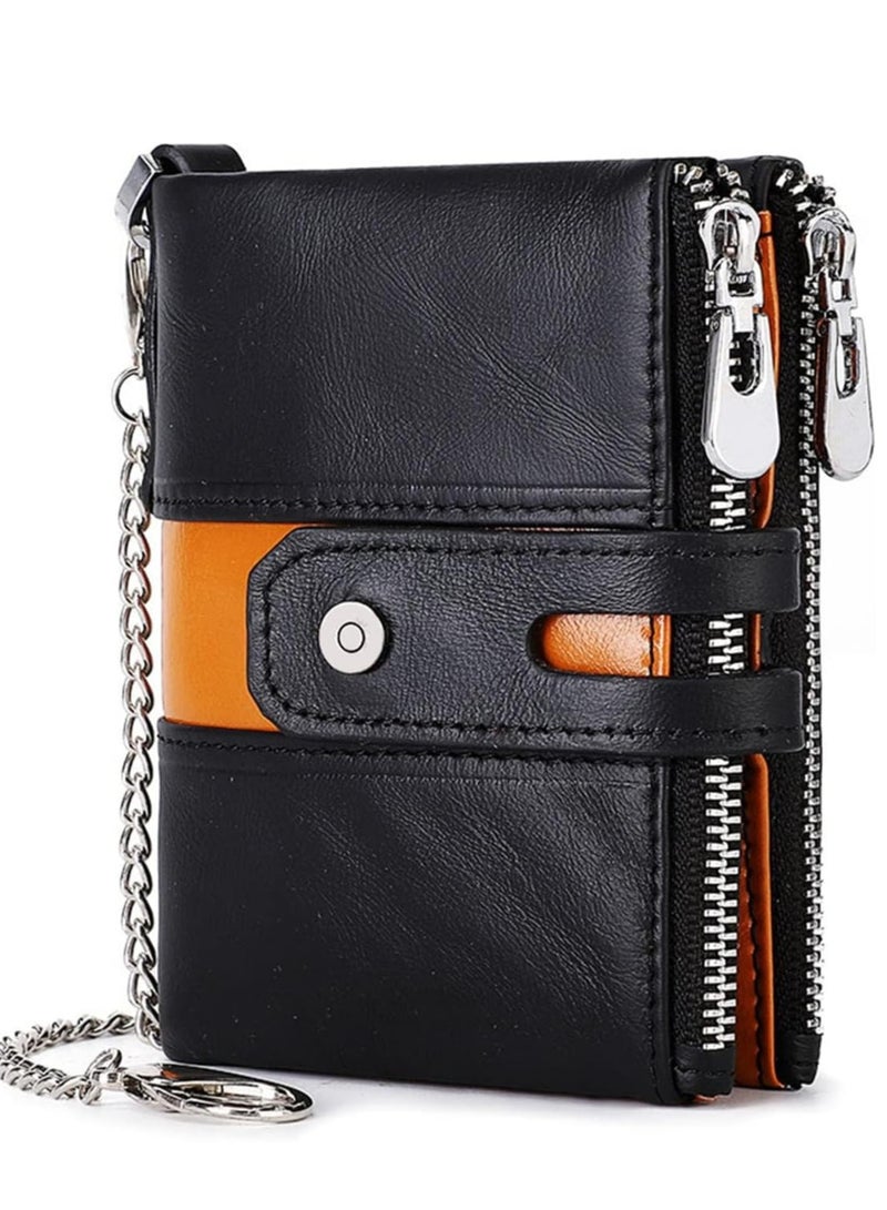 SYOSI Mens Wallet with Chain Genuine Leather RFID Blocking Bifold Biker Double Zipper Coin Pocket Purse Long Anti-Theft (Black Orange)  - Image 1