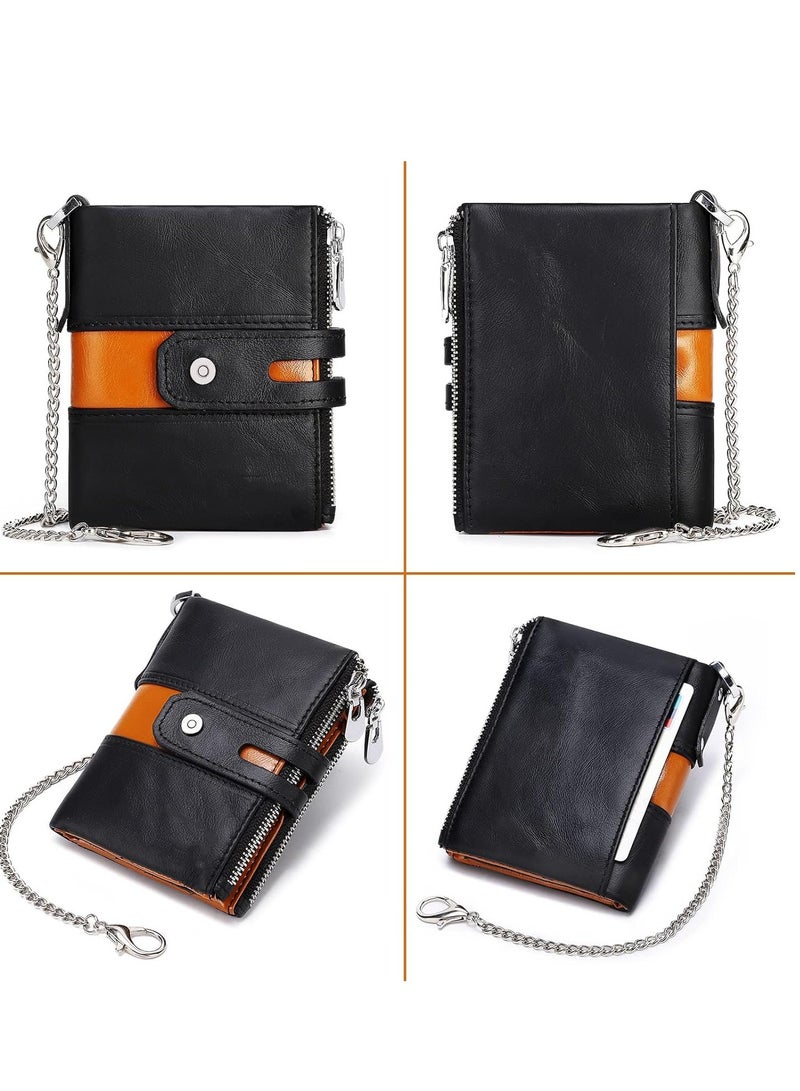SYOSI Mens Wallet with Chain Genuine Leather RFID Blocking Bifold Biker Double Zipper Coin Pocket Purse Long Anti-Theft (Black Orange)  - Image 4