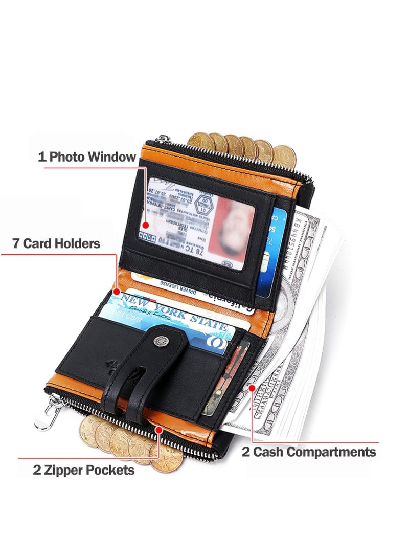 SYOSI Mens Wallet with Chain Genuine Leather RFID Blocking Bifold Biker Double Zipper Coin Pocket Purse Long Anti-Theft (Black Orange)  - Image 2