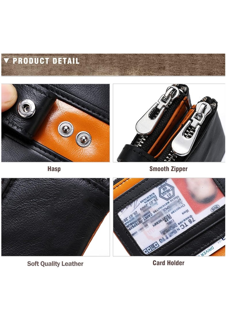 SYOSI Mens Wallet with Chain Genuine Leather RFID Blocking Bifold Biker Double Zipper Coin Pocket Purse Long Anti-Theft (Black Orange)  - Image 3