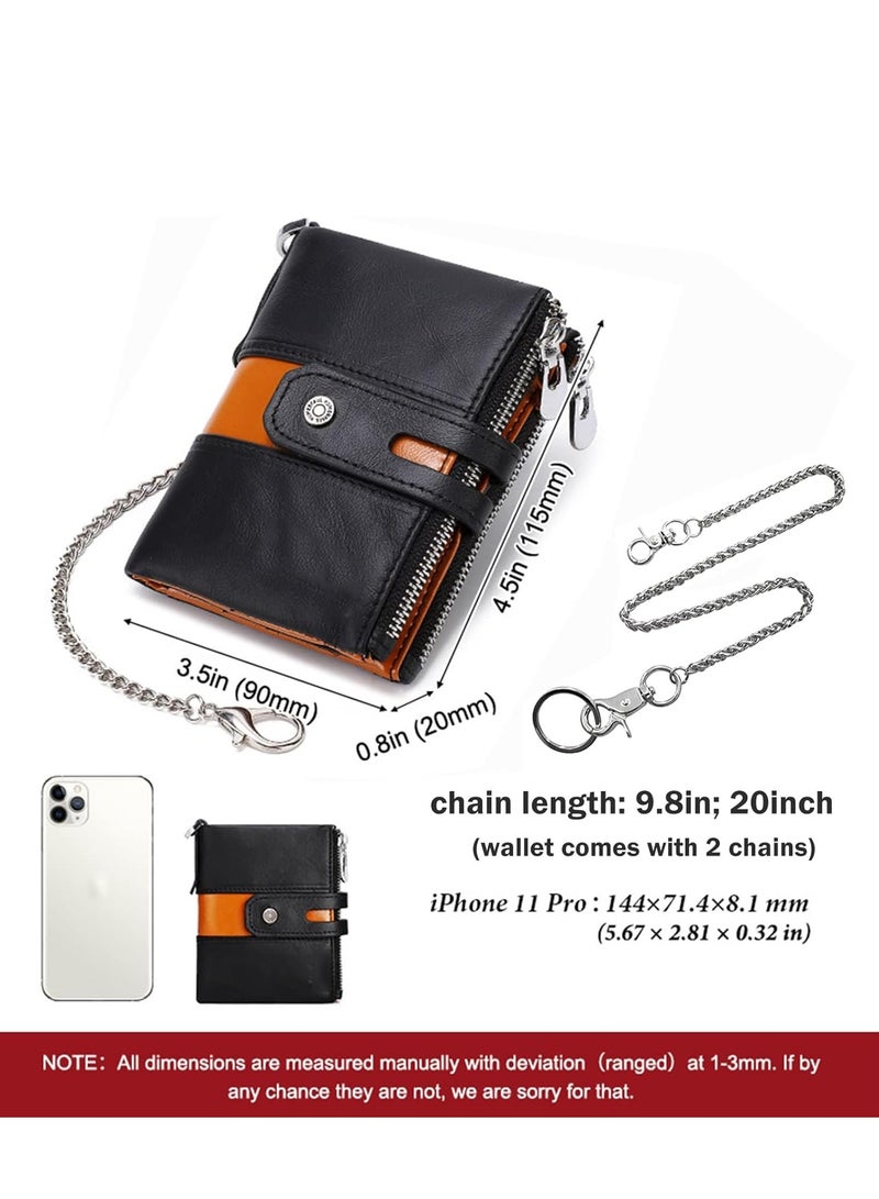 SYOSI Mens Wallet with Chain Genuine Leather RFID Blocking Bifold Biker Double Zipper Coin Pocket Purse Long Anti-Theft (Black Orange)  - Image 5