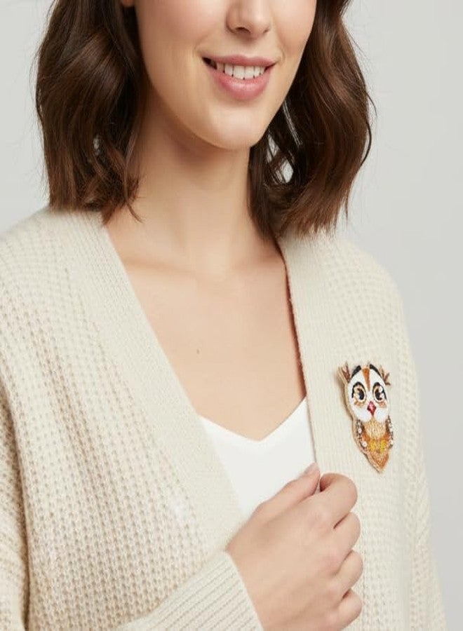 Abeo Hand Embroidered Owlet Brooch with Threads and Beads, White Golden Red, 2 to 2.5 Inches, Perfect for Owl Lover - Image 3