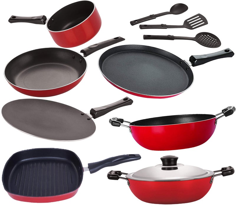 NIRLON Non-Stick Kitchenware Combo Essential Set with Bakelite Handle for Superior Grip, 10- Piece [FT12_CT12_KD14_DKD(B)_SPB_TP22_GP24_3SPN] - Image 1