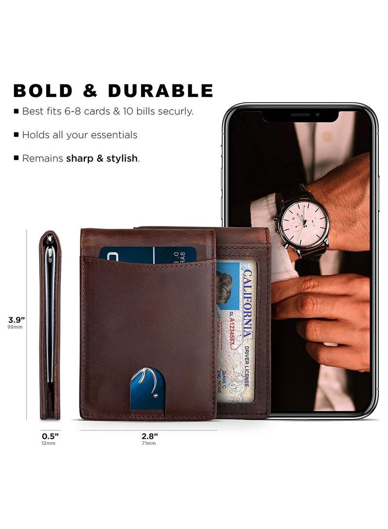 CONTACTS Genuine Leather Money Clip Wallet Slim Front Pocket RFID Blocking Card Holder Minimalist Mini Bifold for Men's with Smart Pull Strap  8 Card Slots 1 Photo ID Black - Image 4