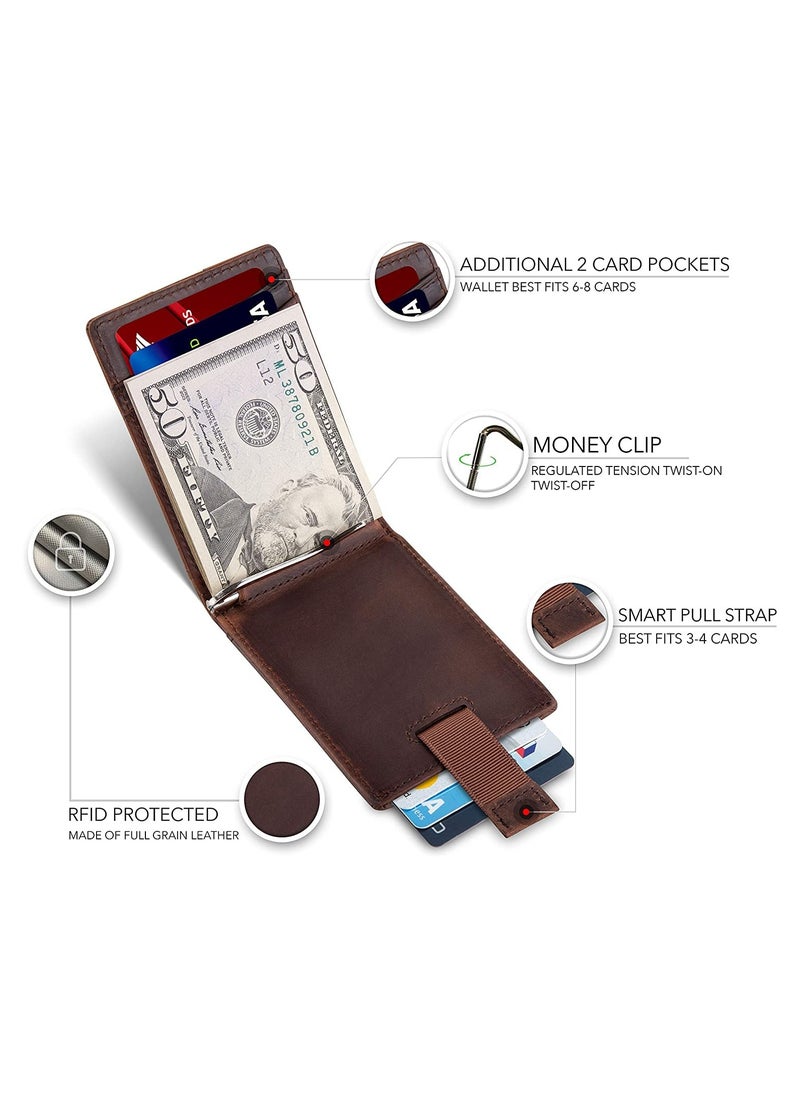 CONTACTS - Genuine Leather Money Clip Wallet Slim Front Pocket RFID Blocking Card Holder Minimalist Mini Bifold for Men's with Smart Pull Strap  8 Card Slots 1 Photo ID Black - Image 1