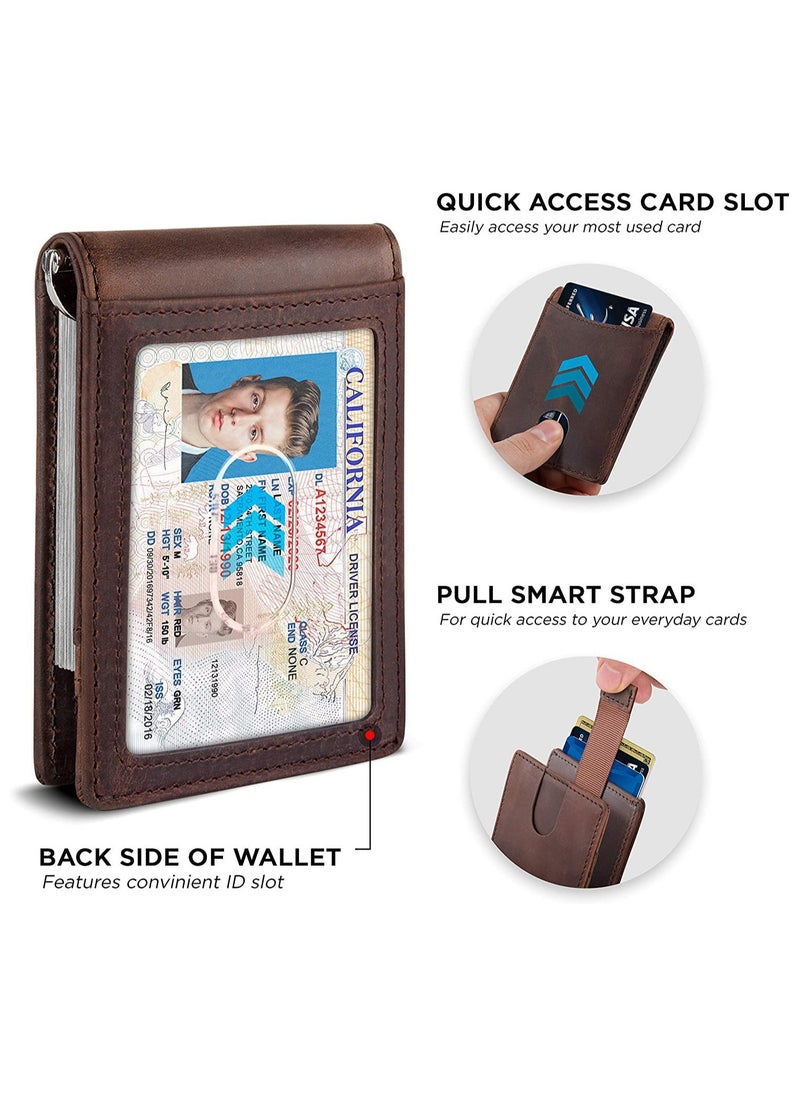 CONTACTS - Genuine Leather Money Clip Wallet Slim Front Pocket RFID Blocking Card Holder Minimalist Mini Bifold for Men's with Smart Pull Strap  8 Card Slots 1 Photo ID Black - Image 1