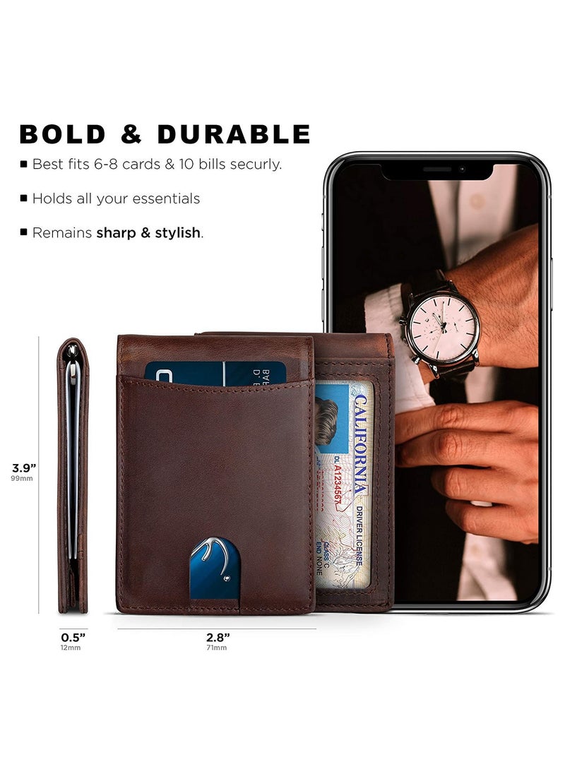CONTACTS - Genuine Leather Money Clip Wallet Slim Front Pocket RFID Blocking Card Holder Minimalist Mini Bifold for Men's with Smart Pull Strap  8 Card Slots 1 Photo ID Black - Image 1