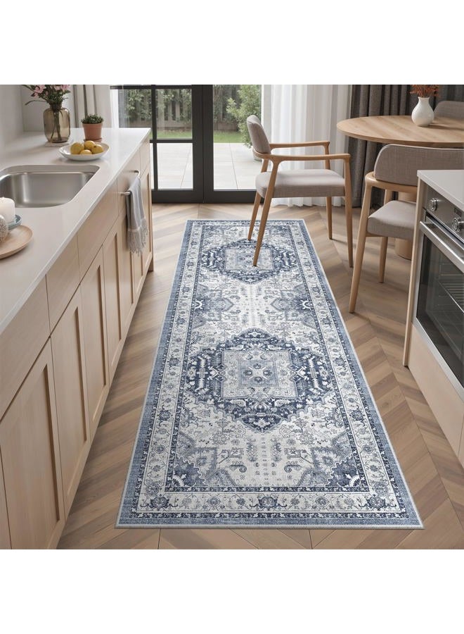 Madane Washable Runner Rug 2x6, Ultra-Thin Non-Slip Non-Shedding Hallway Runner, Stain Resistant Kitchen Mat Entryway Carpet Runner, Vintage Pet Friendly Low Pile Runners (2x6ft, Navy/White) - Image 3