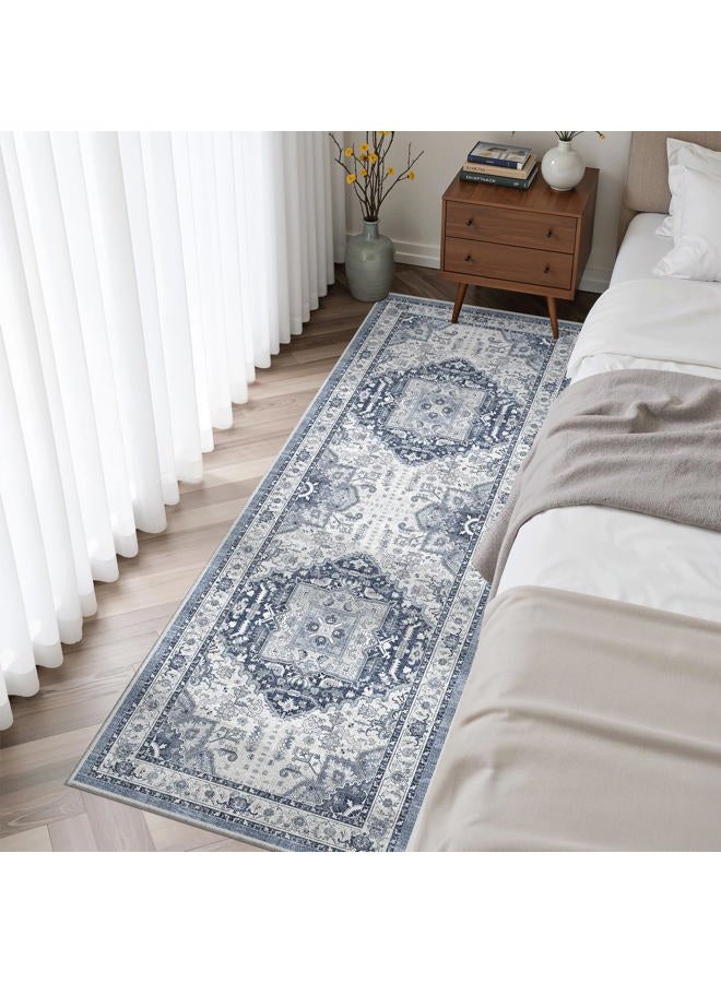 Madane Washable Runner Rug 2x6, Ultra-Thin Non-Slip Non-Shedding Hallway Runner, Stain Resistant Kitchen Mat Entryway Carpet Runner, Vintage Pet Friendly Low Pile Runners (2x6ft, Navy/White) - Image 4