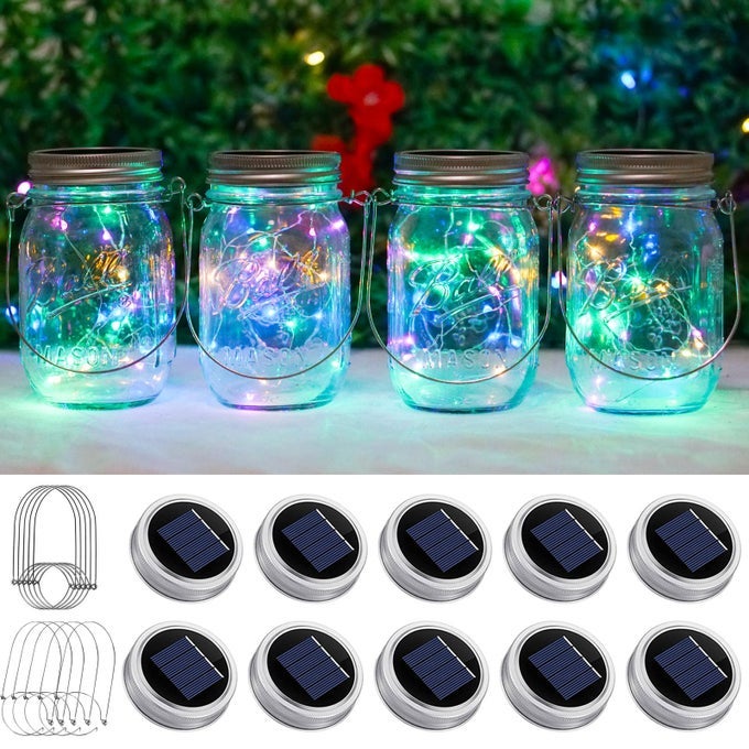 SOLAR MASON JAR LIGHTS 10 PACK 20 LED WATERPROOF OUTDOOR FAIRY FIREFLY STRING LIGHT LIDS WITH 10 HANGERS RUST RESIST FOR PATIO LAWN GARDEN WEDDING LANTERN DECOR NO JARS MULTI