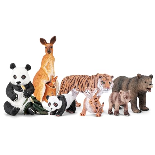 THINKBAY 8PCS Safari Zoo Animals Figurines Toys Realistic Plastic Mom and Baby Cubs Figures Includes PandaGrizzly BearKangarooTiger Educational Learning Playset for Kids Boys Girls - Image 1