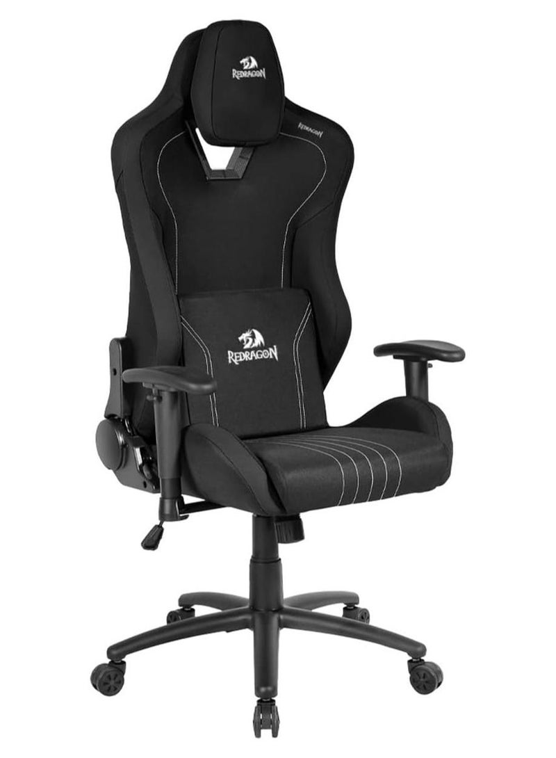 REDRAGON Gaming Chair Heth C313 - Black with White Accents, Ergonomic Design with Premium Fabric, Head and Lumbar Support, 2D Adjustable Armrests, Sturdy Metal Frame, 180° Reclining Seat, 350mm Metal Base and 55mm Smooth PU Wheels - Holds up to 130kg, Ideal for Gaming, Studying and Long Working - Image 1