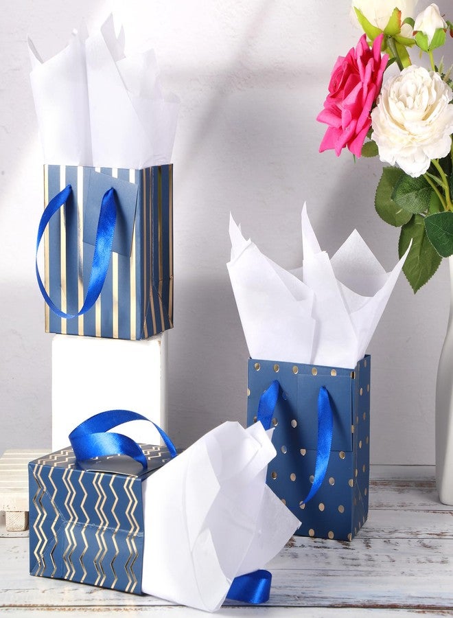 Tenare 24 Small Gift Bags Mini Metallic Party Paper Bags Bulk Tiny with Handles Tissue Paper for Jewelry Gift Wrap Wedding Holiday Birthday Graduation(4 x 2.8 x 4.5 Inch,Blue Gold - Image 3