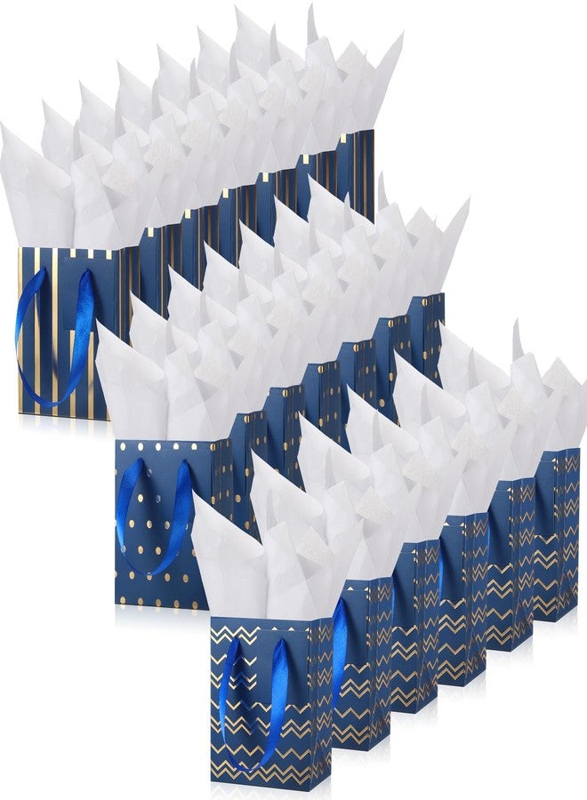 Tenare 24 Small Gift Bags Mini Metallic Party Paper Bags Bulk Tiny with Handles Tissue Paper for Jewelry Gift Wrap Wedding Holiday Birthday Graduation(4 x 2.8 x 4.5 Inch,Blue Gold - Image 1