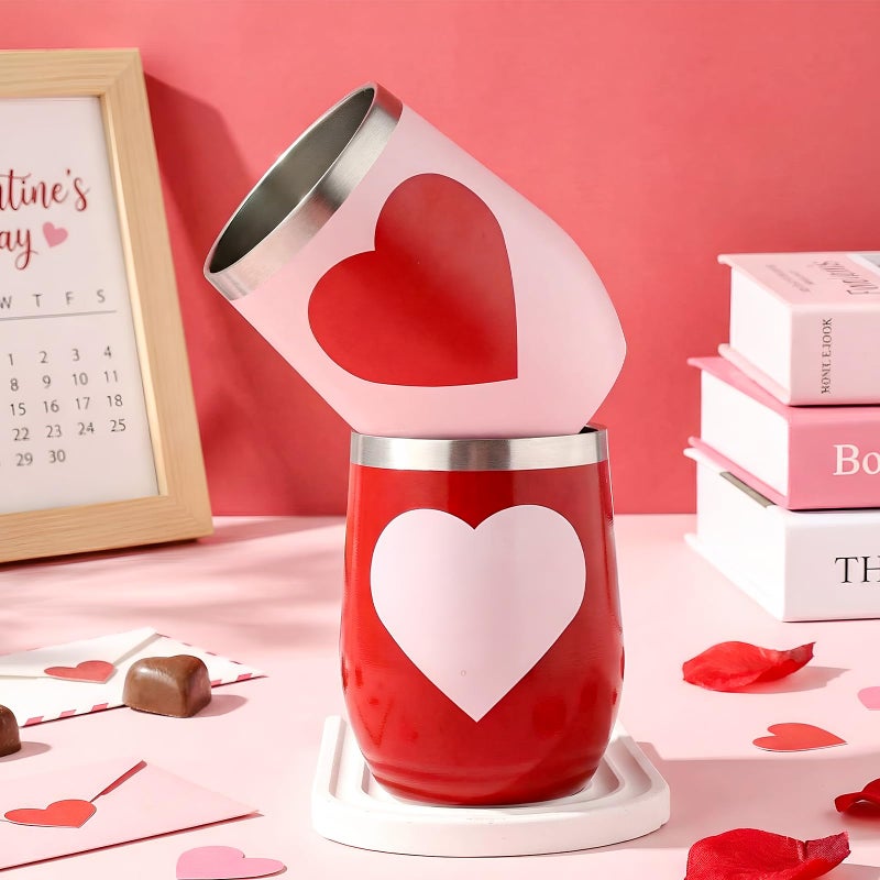Ferrochef 2 Pcs Valentines Coffee Mugs 12oz Heart Valentine's Day Tumbler with Lids and Straws Brush Red Pink Stainless Steel Vacuum Insulated Drinking Cups Gifts for Her, Couple, Him, Wedding Party - Image 2