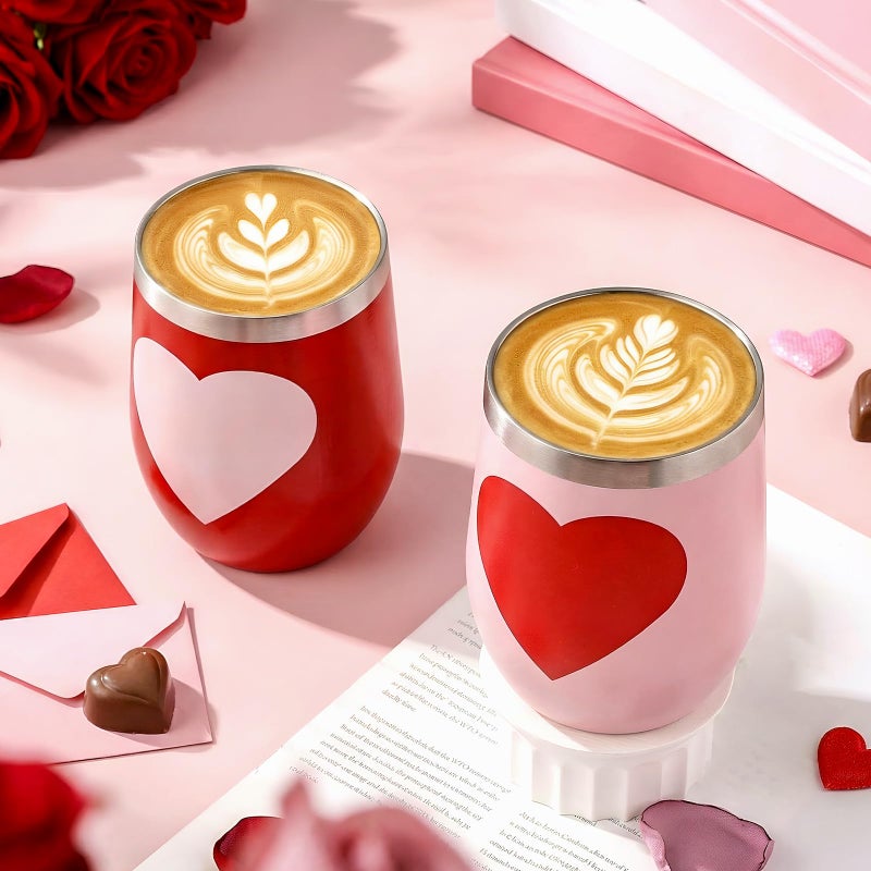Ferrochef 2 Pcs Valentines Coffee Mugs 12oz Heart Valentine's Day Tumbler with Lids and Straws Brush Red Pink Stainless Steel Vacuum Insulated Drinking Cups Gifts for Her, Couple, Him, Wedding Party - Image 3