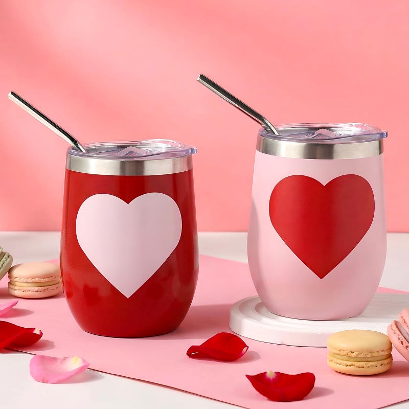Ferrochef 2 Pcs Valentines Coffee Mugs 12oz Heart Valentine's Day Tumbler with Lids and Straws Brush Red Pink Stainless Steel Vacuum Insulated Drinking Cups Gifts for Her, Couple, Him, Wedding Party - Image 1