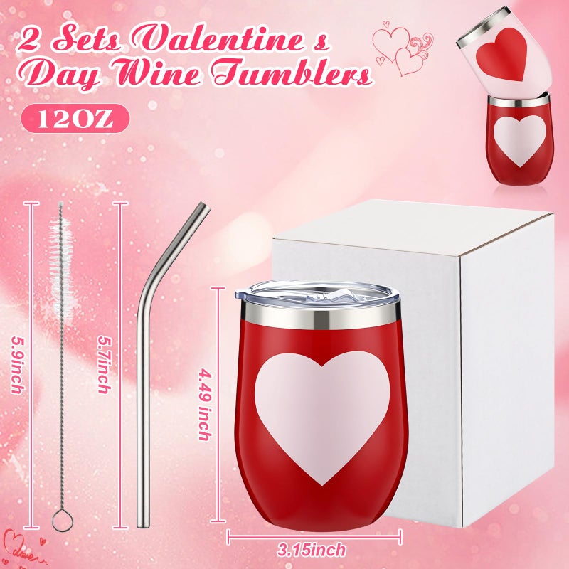 Ferrochef 2 Pcs Valentines Coffee Mugs 12oz Heart Valentine's Day Tumbler with Lids and Straws Brush Red Pink Stainless Steel Vacuum Insulated Drinking Cups Gifts for Her, Couple, Him, Wedding Party - Image 4