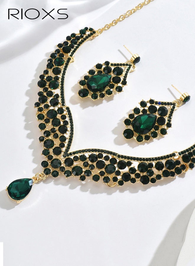 RIOXS Wedding Bridal Jewelry Set, Beaded Necklace and Earring Set with Rhinestone Chains, Clear Stones, Vintage Fashion Jewelry Accessories for Women - Image 2