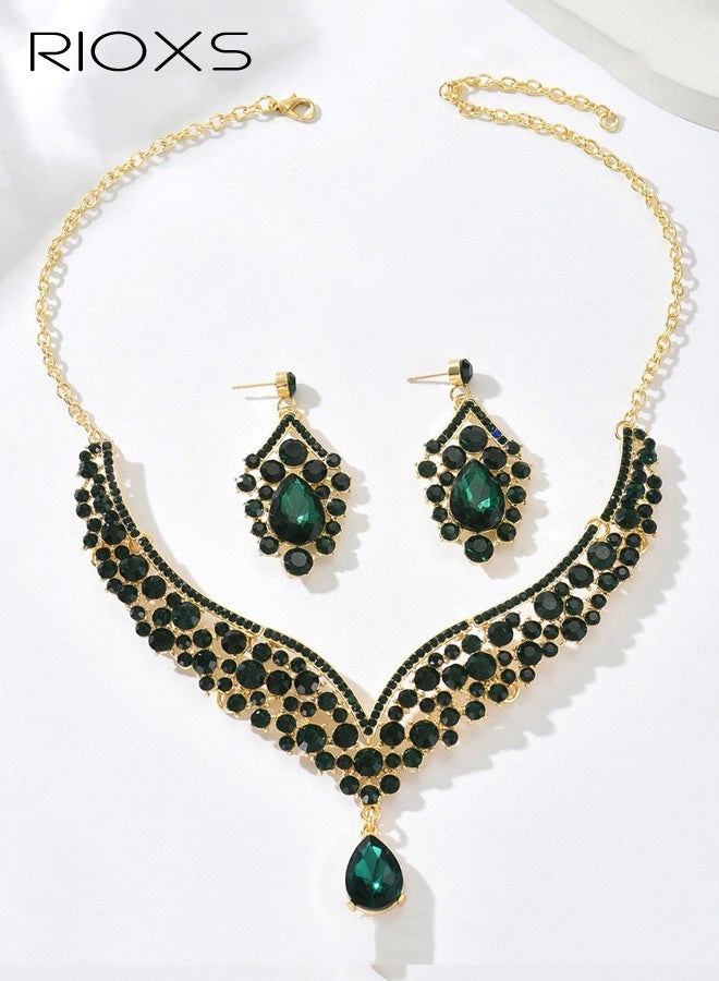 RIOXS Wedding Bridal Jewelry Set, Beaded Necklace and Earring Set with Rhinestone Chains, Clear Stones, Vintage Fashion Jewelry Accessories for Women - Image 1