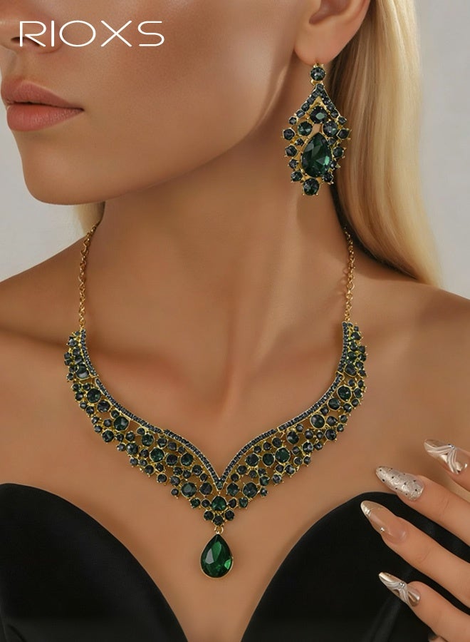 RIOXS Wedding Bridal Jewelry Set, Beaded Necklace and Earring Set with Rhinestone Chains, Clear Stones, Vintage Fashion Jewelry Accessories for Women - Image 3