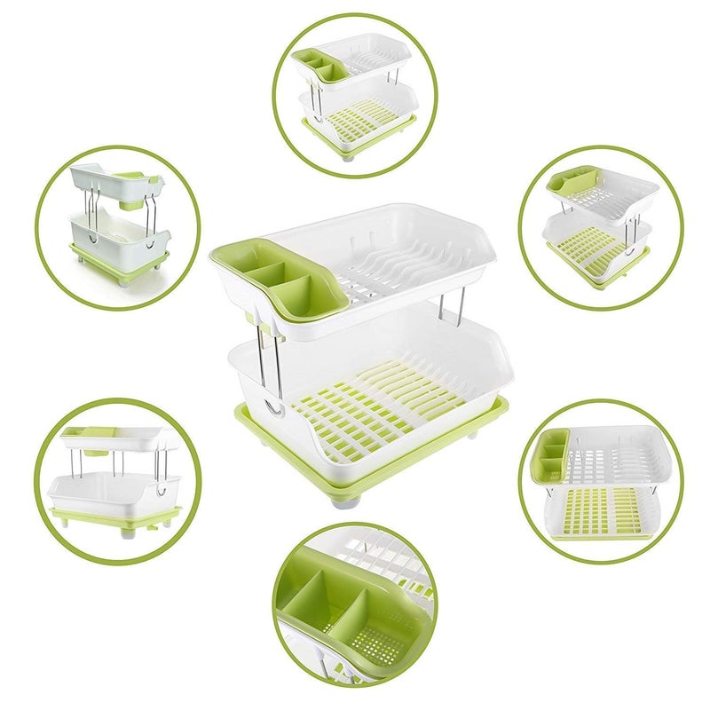DDecora Kitchen 2 Layer Plastic Sink Dish Plate Drainer Drying Rack Wash Organizer with Tray Utensil Holder Basket Green - Image 3