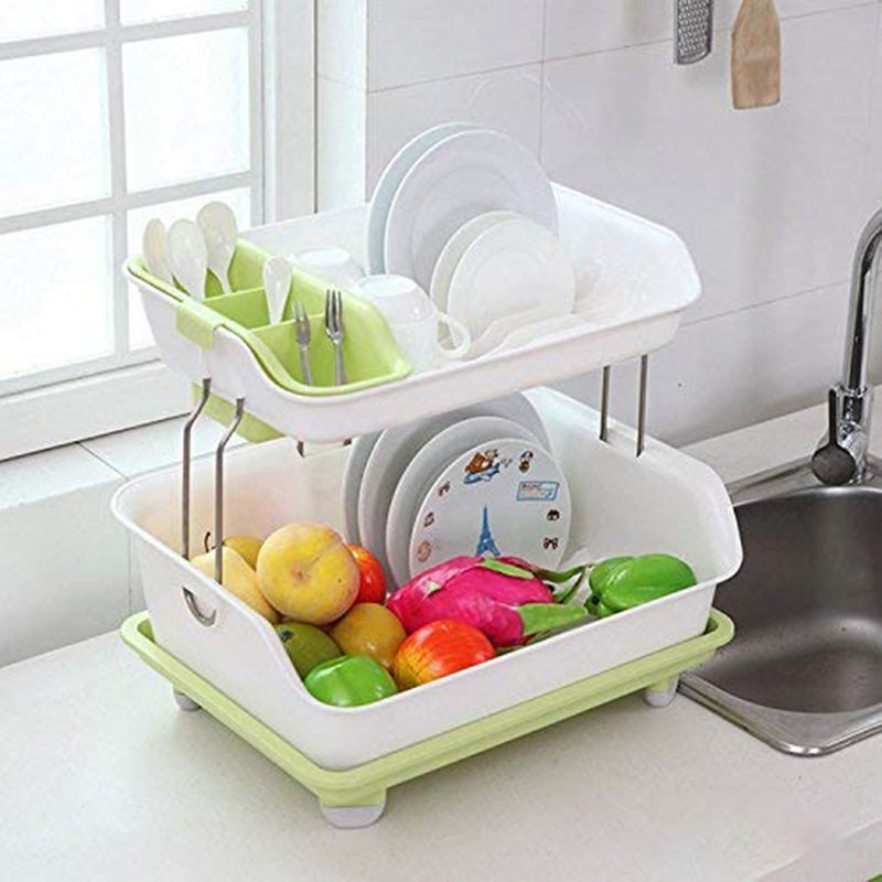 DDecora Kitchen 2 Layer Plastic Sink Dish Plate Drainer Drying Rack Wash Organizer with Tray Utensil Holder Basket Green - Image 1