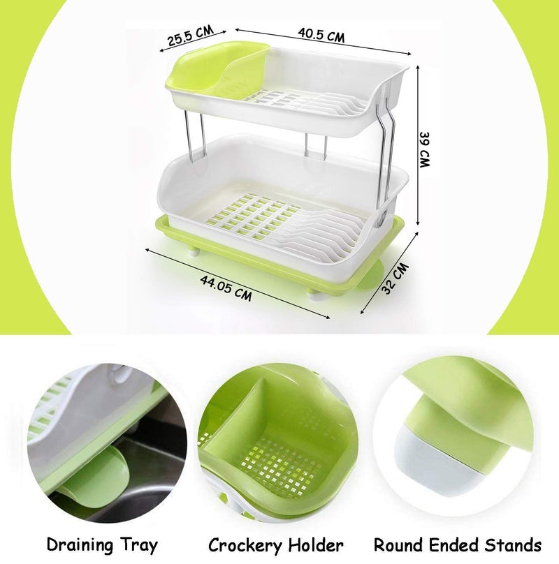 DDecora Kitchen 2 Layer Plastic Sink Dish Plate Drainer Drying Rack Wash Organizer with Tray Utensil Holder Basket Green - Image 4