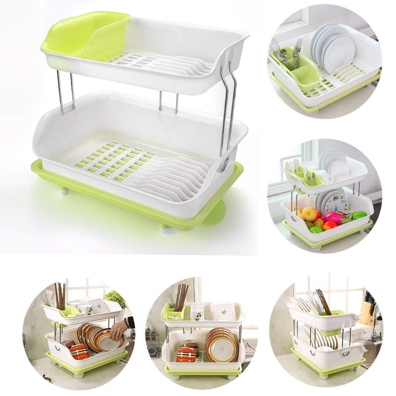 DDecora Kitchen 2 Layer Plastic Sink Dish Plate Drainer Drying Rack Wash Organizer with Tray Utensil Holder Basket Green - Image 2