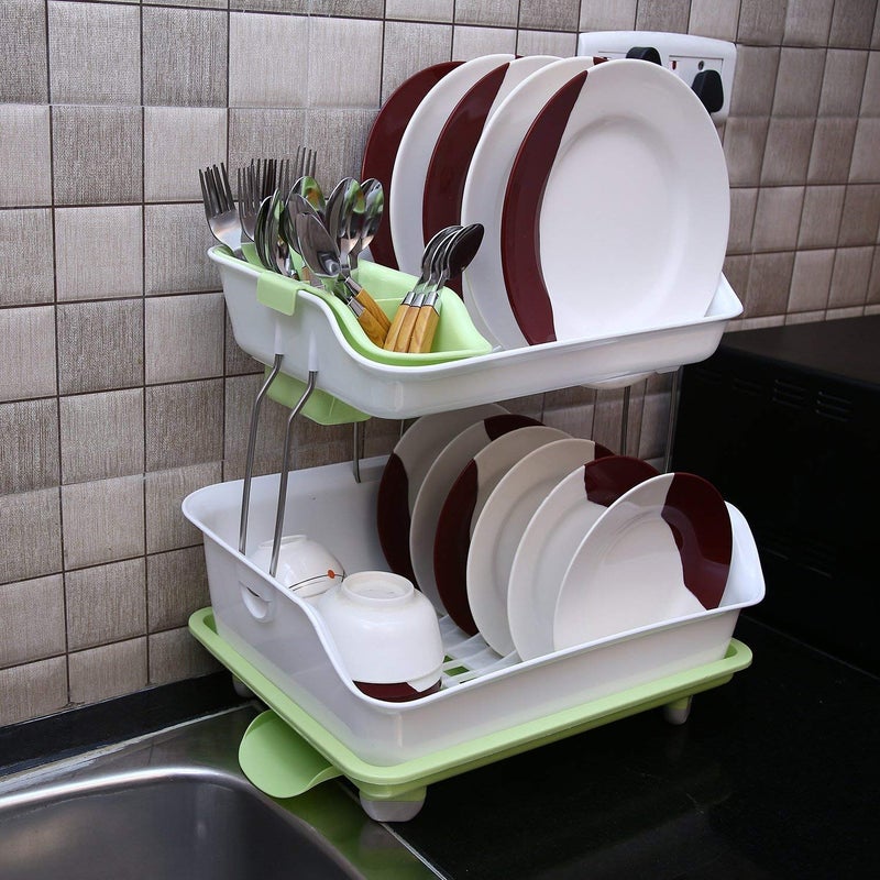 DDecora Kitchen 2 Layer Plastic Sink Dish Plate Drainer Drying Rack Wash Organizer with Tray Utensil Holder Basket Green - Image 5
