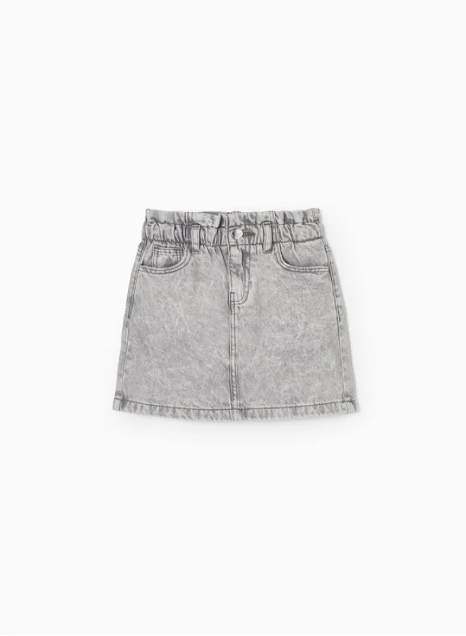 Zippy Paperbag Denim Skirt in Cotton for Girls, Grey