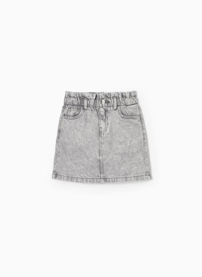 Zippy Paperbag Denim Skirt in Cotton for Girls, Grey